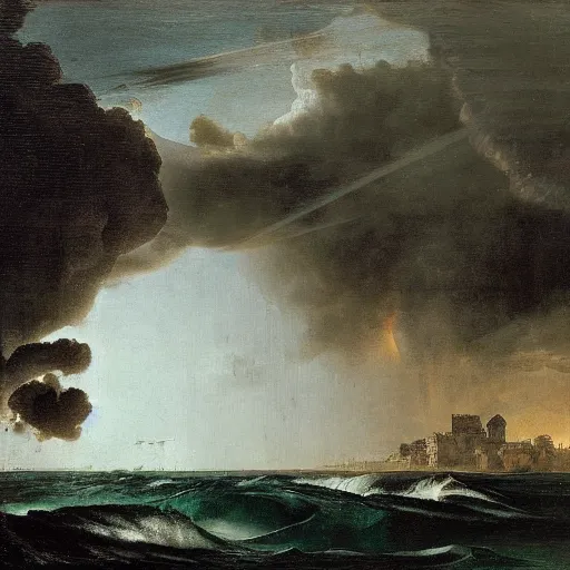 Prompt: un tsunami irrumpiendo en la ciudad por Ansel Adams y Bernardo Bellotto, óleo sobre lienzo, artstation, paisaje dramático, obra maestra, estética