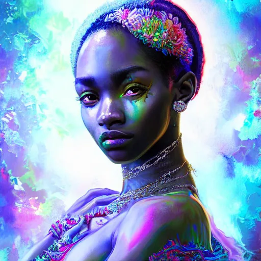 Prompt: the portrait of the absurdly beautiful, graceful, elegant, gorgeous, sensual young black girl goddess made of rainbow soul spirit, an ultrafine hyperdetailed photograph by kim jung gi, irakli nadar, smooth details, intricate linework, bright colors, octopath traveler, final fantasy, unreal engine 5 highly rendered, global illumination, radiant light, intricate environment