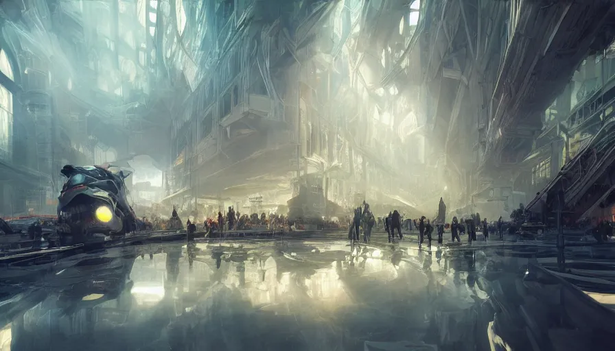 Image similar to berlin hauptbanhoff in year 3 0 2 2, light, shadows, reflections, epic composition, intricate, elegant, volumetric lighting, digital painting, highly detailed, artstation, sharp focus, illustration, concept art, ruan jia, steve mccurry