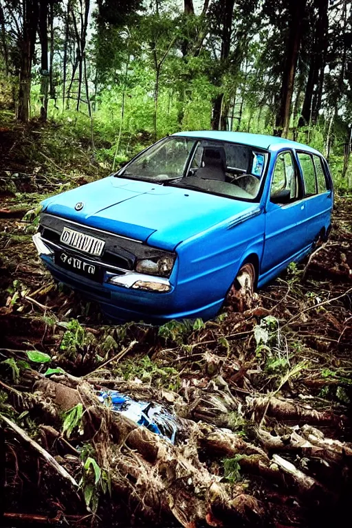 Image similar to “Old disintegrated blue Skoda Octavia Combi in a depressing dead forest”