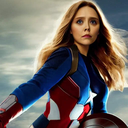 Prompt: Photorealistic art of Elizabeth Olsen as Captain America, full body, action shot, high definition, cinematic, realistic