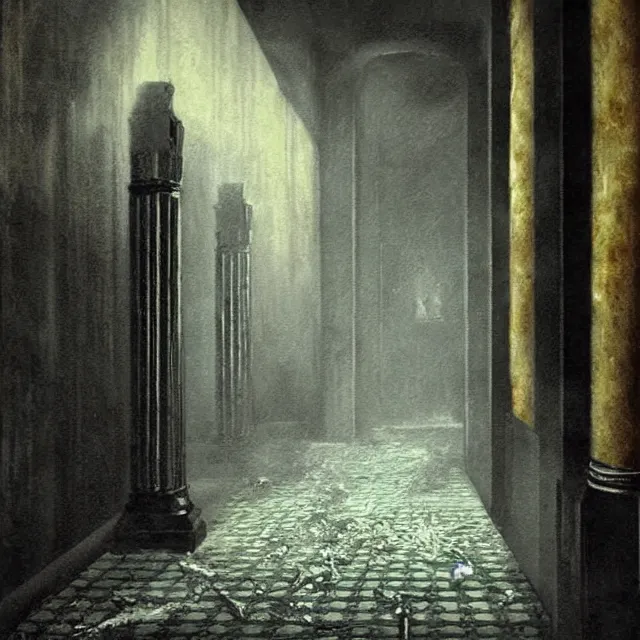 Image similar to ultra - realistic painting gothic 1 9 2 0 s hotel hallway crumbling into a horrifying cosmic sky, atmospheric lighting, dark, brooding, foreboding, fine details, realistic shading