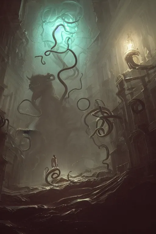 Image similar to a man losing his mind, tentacles, lovecraft, madness, lovecraftian, underworld, insanity, 8 k, digital art, magic the gathering, mtg, by greg rutkowski, trending on artstation