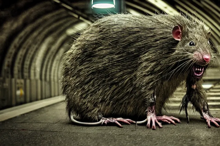 Image similar to very large giant mutant zombie irradiated ( angry rat ) staying on railways in tonnel of moscow subway. tonnel, railways, giant angry rat, furr, fangs, claws, very realistic. extreme long shot, 1 6 mm, herman nitsch, giger.