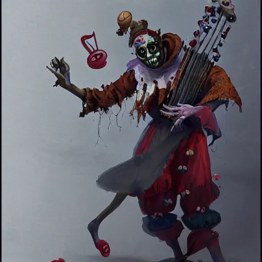 Image similar to a scared jester dressed in jester clothes plays an ornate musical instrument surrounded by a crowd of hungry zombies, concept art, trending on artstation, by greg Rutkowski