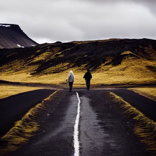 Image similar to Man and woman walking together, Iceland landscape, phone photo, 12mpx