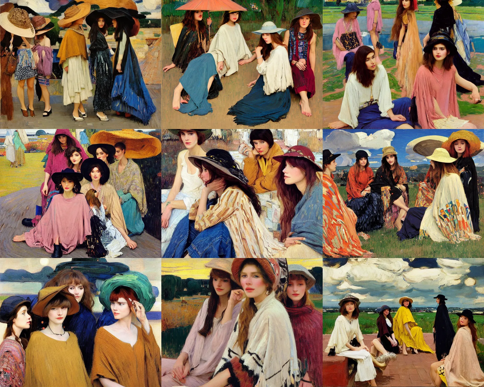 Prompt: portrait of group of fashionable young womans wearing rich jewerly hat and boho poncho, concrete hitech interior, 1970s fashion, sitting dynamic pose, Low poly, thunder clouds in the sky, artwork by Joaquin Sorolla and john william waterhouse and Denis Sarazhin and klimt and rhads and van gogh and Dean Ellis and Detmold Charles Maurice, levitation, industrial rusty pipes, simple form, brutal shapes