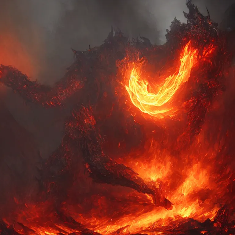 Image similar to Heart made of flames, hellfire, demons, dark souls concept art, Feng Zhu concept art, dramatic lighting, trending on artstation, high-quality wallpaper, desktopography