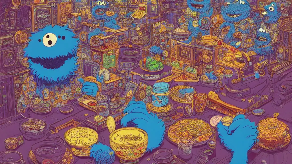 Image similar to highly detailed illustration of cookie monster in the 1 9 7 0 s, by moebius, by oliver vernon, by joseph moncada, by damon soule, by manabu ikeda, by kyle hotz, by dan mumford, by otomo, 4 k resolution