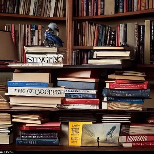 Image similar to a pile of books on a bedside table, from netflix show, stranger things ( 2 0 1 6 )