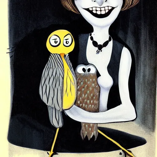 Image similar to emma stone with an owl, artwork by charles addams,