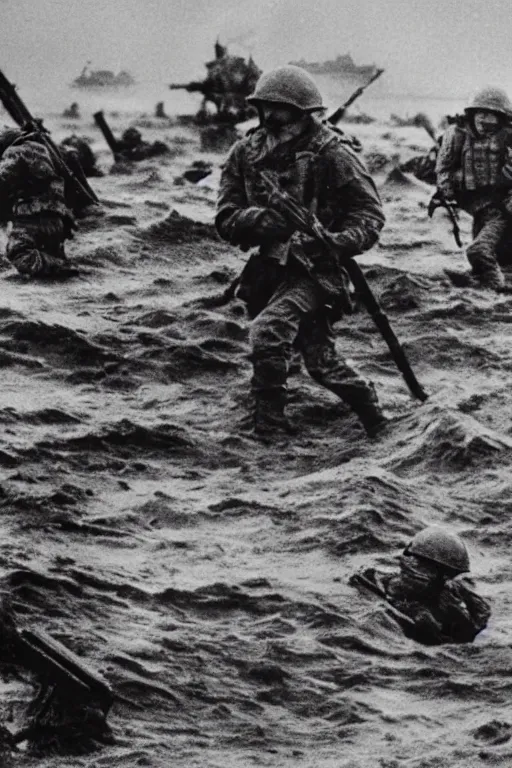 Image similar to an epic scene of elmo on the battlefield on d - day storming the beaches of normandy, wide - angle