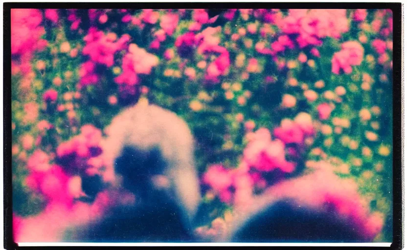 Prompt: analog polaroid of an astronaut seen from behind, in a field full of colourful flowers, pink and blue color bleed