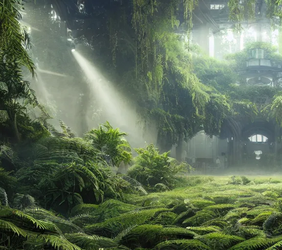 Prompt: Horizontal view, massive scale, animation concept art, Breath of the wilde, studio ghibli style, Clear reflection, A Luxury Monumental Futuristic Castle in Art Nouveau Architecture, Crystal clear, sun rays:1.5 Lush vegetation with ferns, miyazaki, Craig Mullins dappled lighting, octane render, cinematic, photographic, realistic, highly detailed