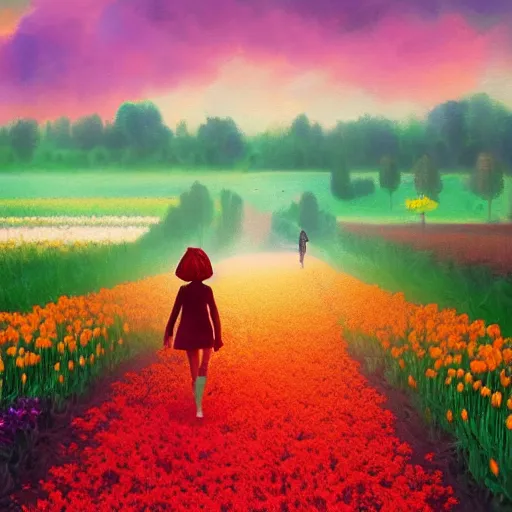 Image similar to large tulip as a head, girl walking in a flower field, surreal photography, sunrise dramatic light, impressionist painting, colorful clouds, digital painting, artstation, simon stalenhag