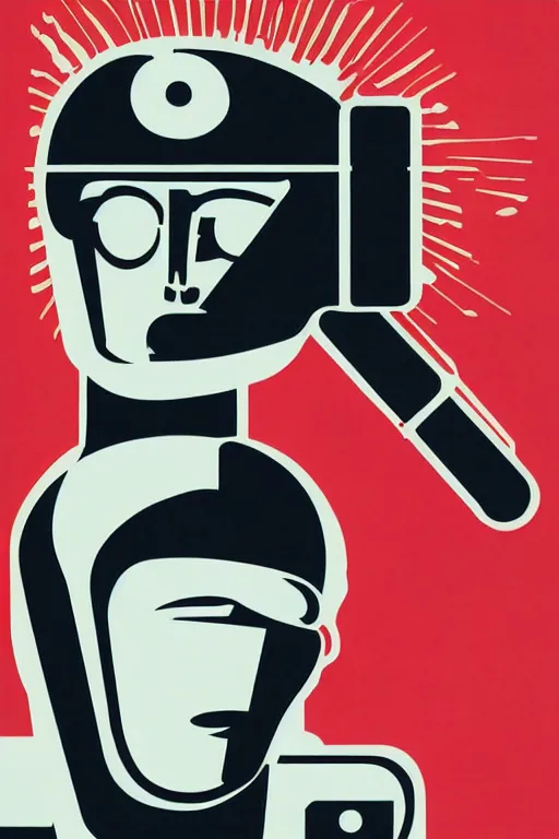 Image similar to sovietwave propaganda poster about the dangers of robots, minimalist, silkscreen, graphic design, russian text
