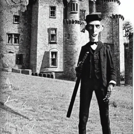 Image similar to vintage photograph of count orlok outside his castle, playing the blues on guitar, castle in the background, 4 k