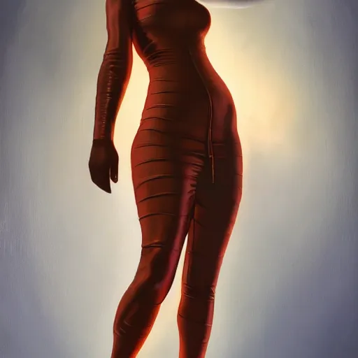 Prompt: a painting of a female in skintight dress. by randolph hewton and edward robert hughes. trending on artstation, highly detailed, volumetric lightning, cinematic lightning