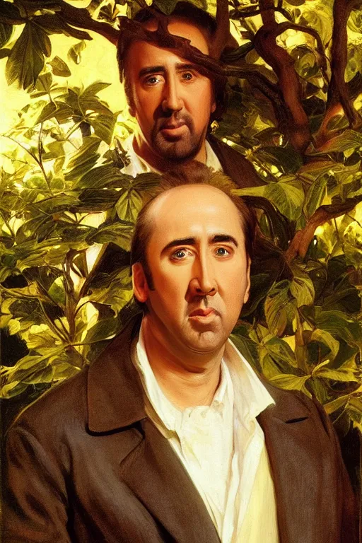 Prompt: Nicolas Cage, golden hour, in a garden, artstation, by J. C. Leyendecker and Peter Paul Rubens,