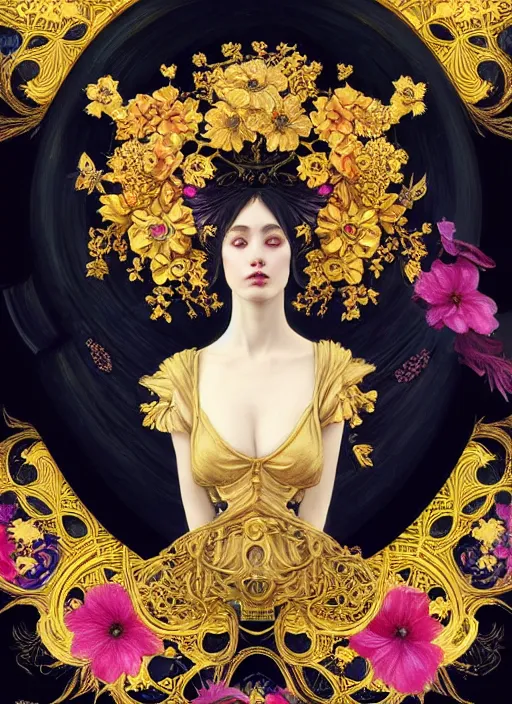 Image similar to beautiful black blue yellow, complicated gold and pink flowers in baroque style headwears, dark fantasy, intricate, elegant, highly detailed, digital painting, artstation, concept art, matte, 3 d 8 k octane rendered, sharp focus, illustration, octane rendered, art by artgerm and alphonse mucha, leesha hannigan