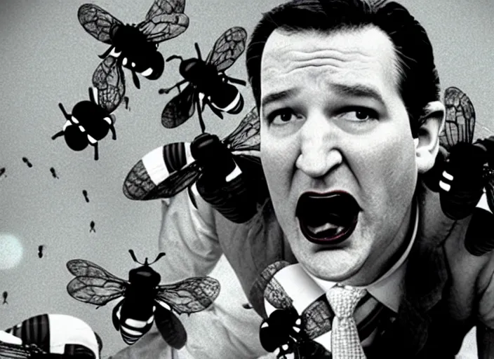 Image similar to film still of ted cruz as the candyman with bees coming out of his mouth in candyman 1 9 9 2