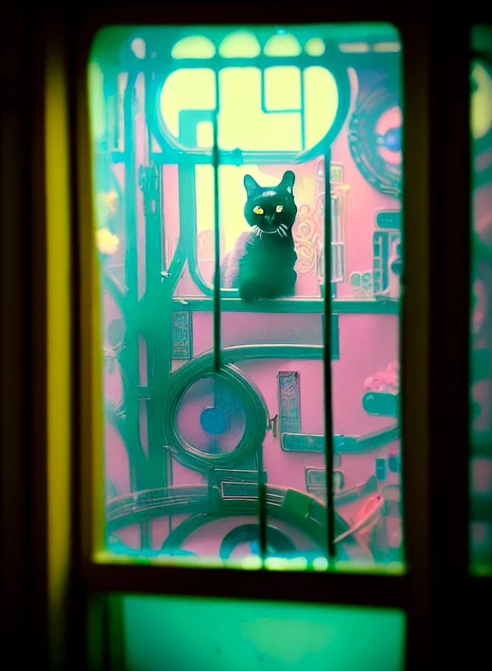 Image similar to telephoto 7 0 mm f / 2. 8 iso 2 0 0 photograph depicting the feeling of chrysalism in a cosy safe cluttered french sci - fi ( ( art nouveau ) ) cyberpunk apartment in a pastel dreamstate art cinema style. ( cat ) ( ( fish tank ) ), ambient light.