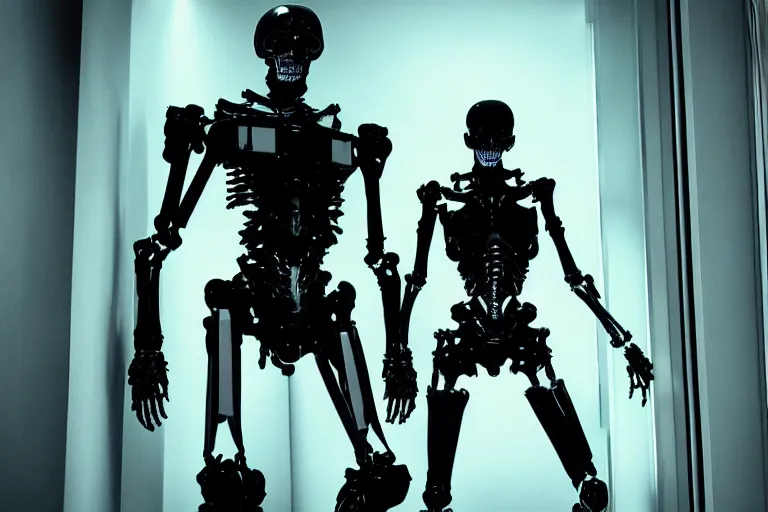 Image similar to skeletal black mecha walking down white marble hallway, Skeletal face android face one eye. mecha (carbon fiber) long limbs black panels reflective. Skeletal face android face one eye ((glowing_red_eye)) RTX On UE5 Artstation Bladerunner_2049_scene!!!!!! Cyberpunk 2077 bladerunner2049!!! bladerunner!!! Dark figure walking down white hallway slightly offset fancy hallway. reflective floor!!!!! Tom Bagshaw and Greg Rutkowski and Alphonse Mucha