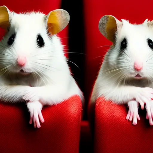 Prompt: photo of two hamsters, holding paws, on a cinema seat, various poses, unedited, dim light, sharp focus, 8 k