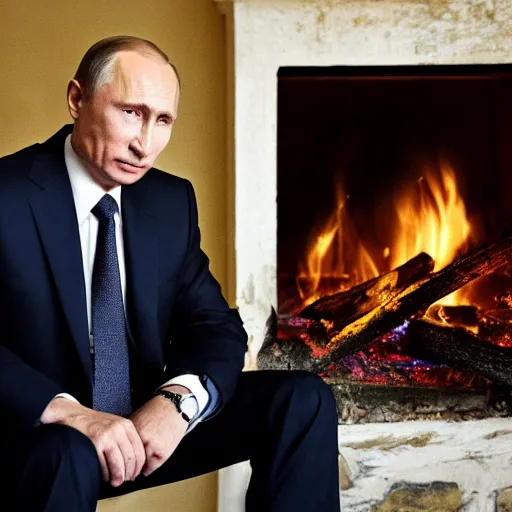 Prompt: vladimir putin in a waistcoat staring at a log fire photograoh, nikon, 5 0 mm lighting effect dof