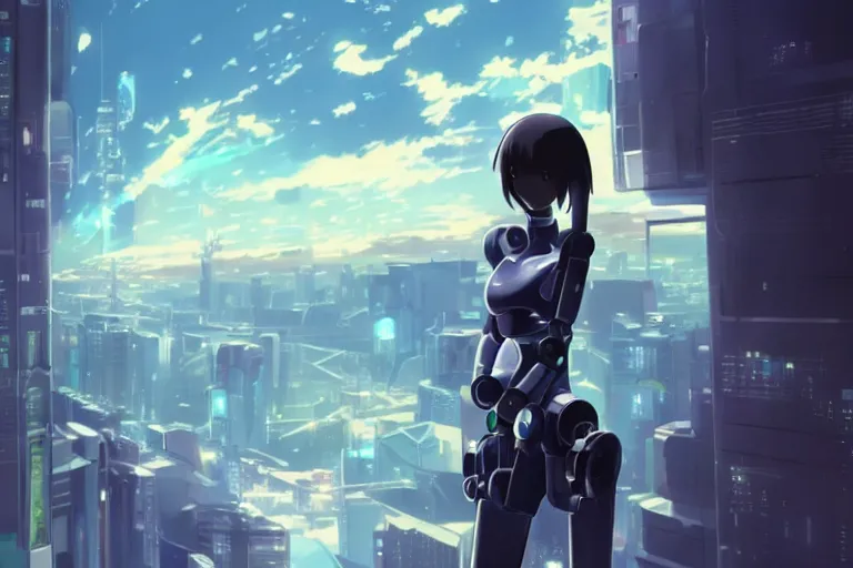 Prompt: makoto shinkai. robotic android girl. futuristic cyberpunk. dystopia. vibrant nebula sky. full robotic andorid cyborg body.