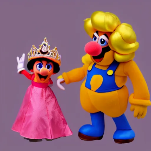 Image similar to A full body still of Mario and Princess Peach as muppets, photo real, photographic, photograph, artstation, trending, award winning, epic lighting, featured