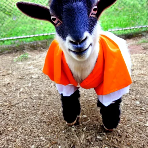 Image similar to cute baby goat wearing orange inmate clothes