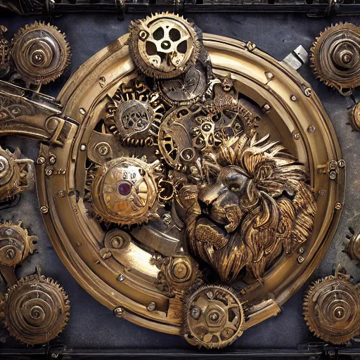 Image similar to A steampunk ornate lion made of engraved full plate armor and gears, Macro shot by Justin Gerard, unreal engine, physically based rendering