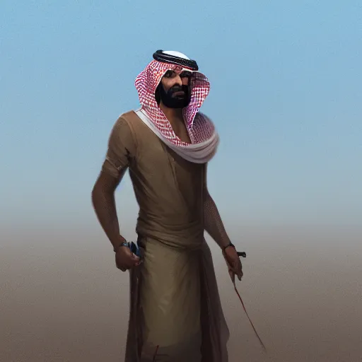 Image similar to saudi arab man standing in the dessert digital art in the style of greg rutkowski and craig mullins, 4 k