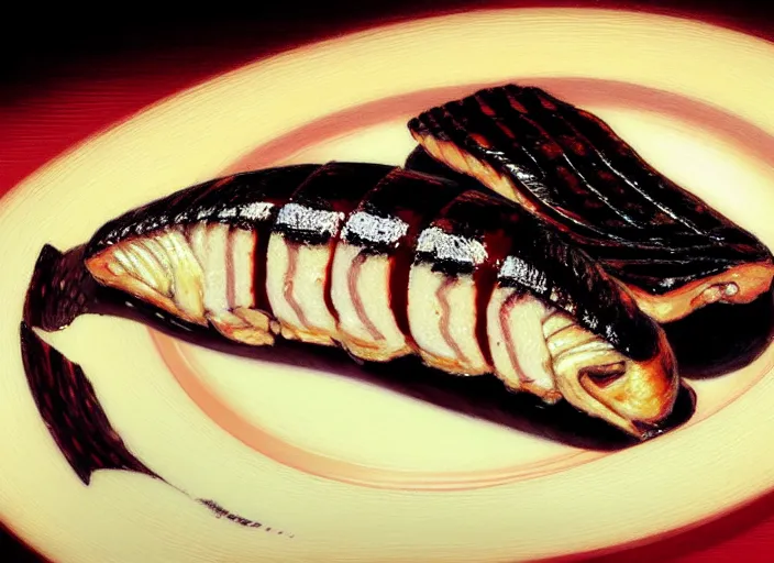 Image similar to a film still portrait of a plate with unagi grilled eel, finely detailed features, closeup at the food, perfect art, at a dinner table, gapmoe yandere grimdark, trending on pixiv fanbox, painted by greg rutkowski makoto shinkai takashi takeuchi studio ghibli, akihiko yoshida