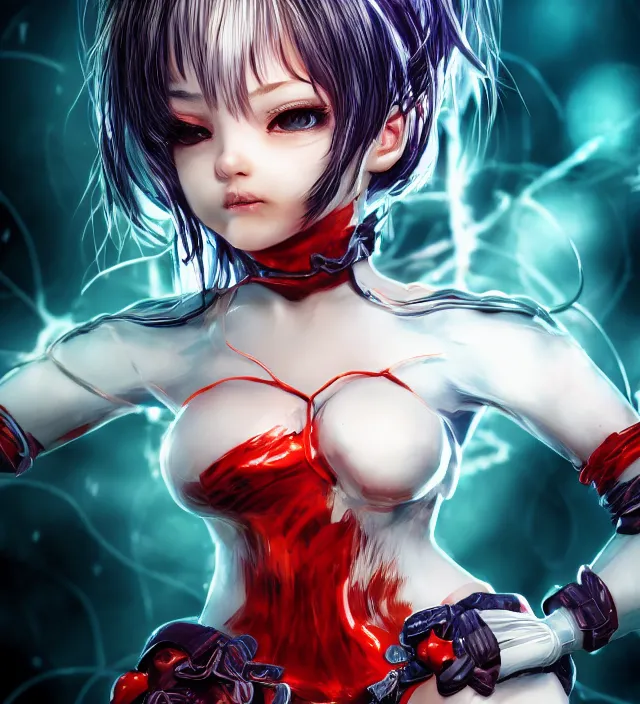 Image similar to hd photo poster portrait of a cute young cosplay girl complicated synaptic particles wires in miura kentaro gantz frank miller jim lee style detailed cinematic depth of field trending award winning on flickr artstation