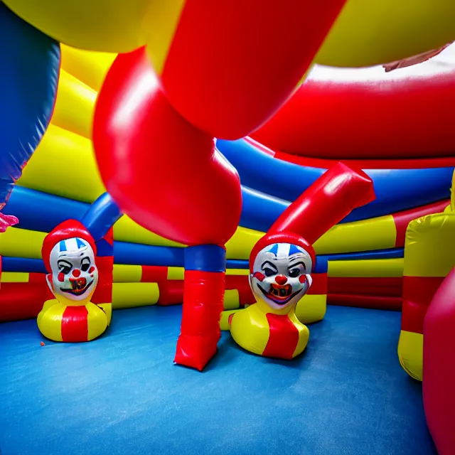 Image similar to , chased by a scary clown in an endless corridor made of bouncy castle, highly detailed, 8 k, hdr, smooth, sharp focus, high resolution, award - winning photo