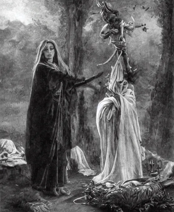 Image similar to a pagan female sorcerer performing a fertility ritual