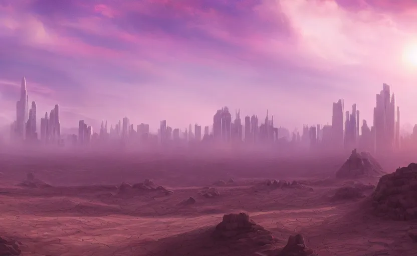 Image similar to matte painting of a desert landscape, science fiction art, city in the skyline, two suns, gloomy, fog, elaborate, detailed digital art, trending in artstation, purple color lighting