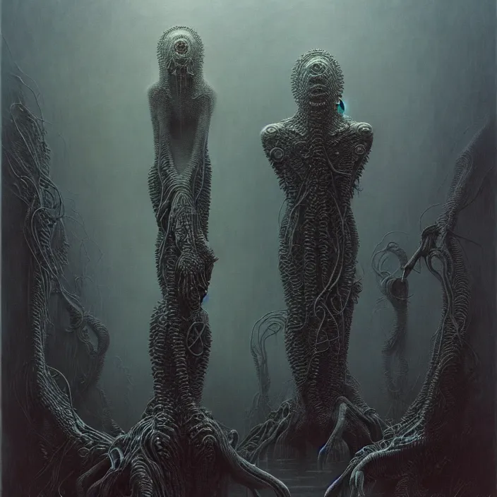 Image similar to art by Zdzislaw Beksinski detailed painting of the biomechanical elder god, intricate matte painting background, elegant horror artwork, haunting, luxurious, ominous, 4k, cinematic, by Yoshitaka Amano, horizontally symmetrical, by Wayne Barlowe, trending on Artstation