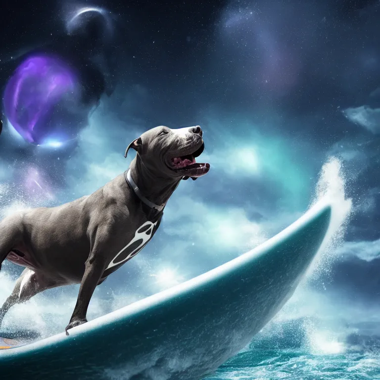 Image similar to photo of a dark gray coat pit bull with a white paws and a white nose!, surfing on a surfboard in a crashing wave of alien galaxy, trending on art station, ocean in space, background is an alien galaxy, aliens in the background, alien colors, octane render, unreal engine, wide view, 8 k, highly detailed