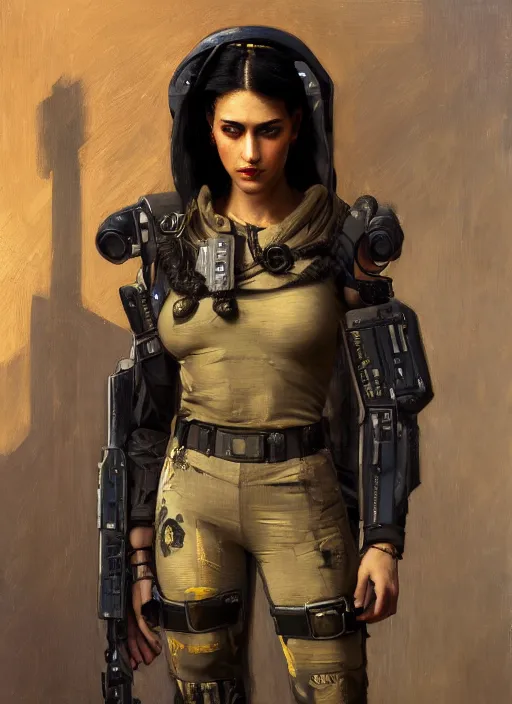 Prompt: buff Sophia. beautiful cyberpunk soldier wearing a military vest and military jumpsuit (cyberpunk 2077). gorgeous african face. Iranian orientalist portrait by john william waterhouse and Edwin Longsden Long and Theodore Ralli and Nasreddine Dinet, oil on canvas. Cinematic, hyper realism, realistic proportions, dramatic lighting, high detail 4k