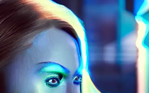 Prompt: Movie still frame from a super-hero blockbuster showing the glowing blue face of a CGI character in profile. She is a human superhero with ethereal glowing blue translucent skin. She has solid white glowing eyes with no visible pupils.