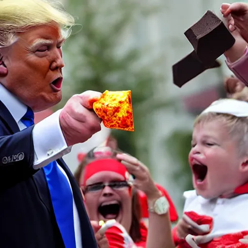 Image similar to donald j. trump spitting chocolate onto liberals