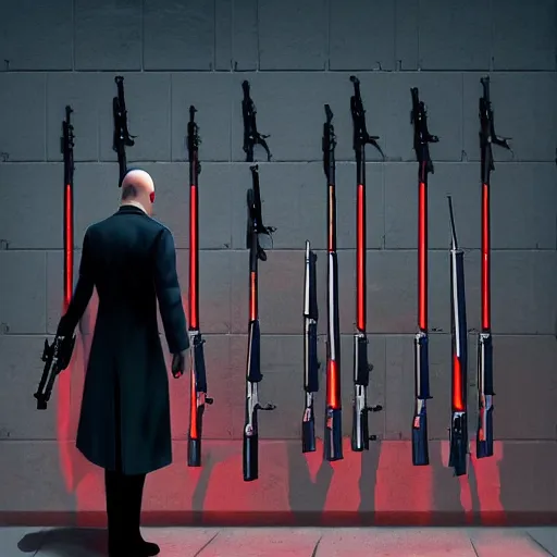 Image similar to a portrait of agent 4 7 from hitman choosing a weapon from a wall full of guns, dark background, red rim light, highly detailed, digital art, artstation, concept art by giger stalenhag