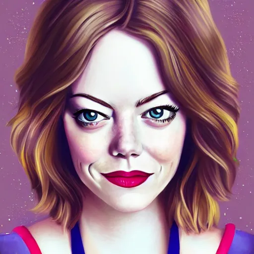 Prompt: emma stone portrait by sandra winther, disney cartoon face, attrective princess, glamorous, character art, digital illustration, soft and blurry