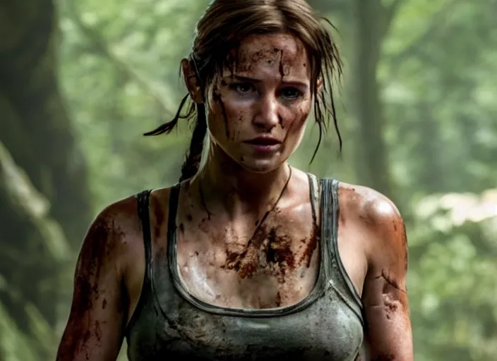 Image similar to film still of!!!! daisy edgar jones!!! as lara croft in new tomb raider movie, 8 k