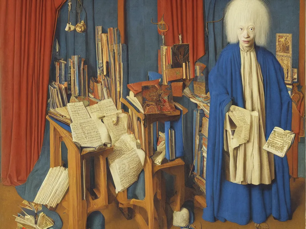 Image similar to Portrait of albino mystic with blue eyes, with books, large illustrated manuscripts. Painting by Jan van Eyck, Audubon, Rene Magritte, Agnes Pelton, Max Ernst, Walton Ford