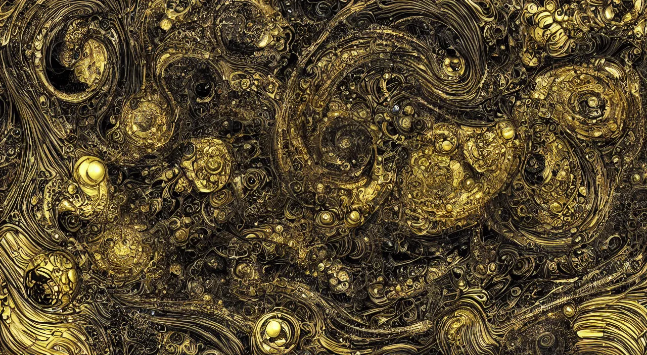 Image similar to black and gold, Yoshitaka Amano, junji ito, smooth liquid metal with detailed line work, Mandelbulb fractal, Exquisite detail perfect symmetrical, silver details, hyper detailed, golden ratio, city night, steampunk, smoke, neon lights, starry sky, steampunk city background, liquid polished metal, by albert kiefer