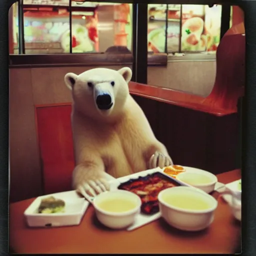 Prompt: a polar bear eating at a sushi restaurant, polaroid, flash photograph